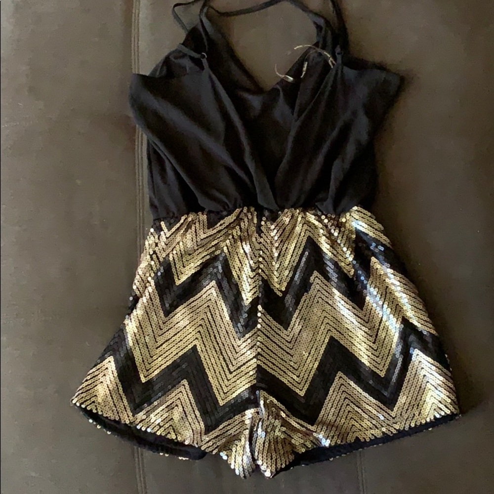 Black and Gold Surplice Sequin Romper